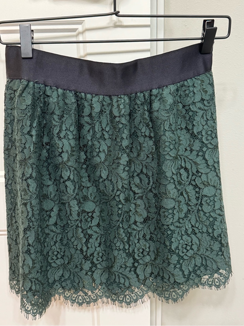 J. Crew Dark Green Lace Mini Skirt with Black Waistband